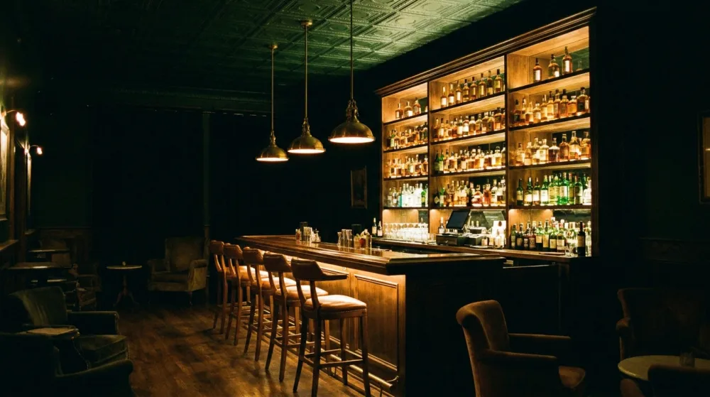 Interior de un bar de cocteles escondido en un piso alto, barra de madera oscura, estanteria de botellas iluminada desde abajo y lamparas de bronce