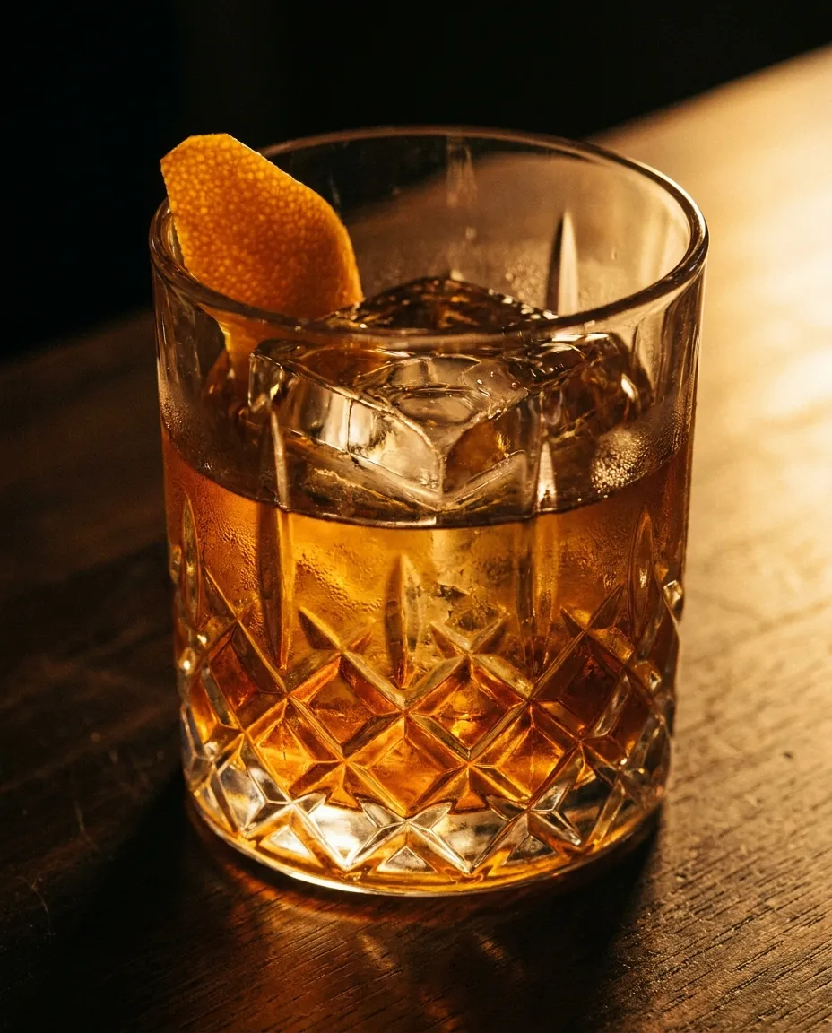 Coctel ambar en vaso de cristal tallado sobre un cubo de hielo grande con cascara de naranja