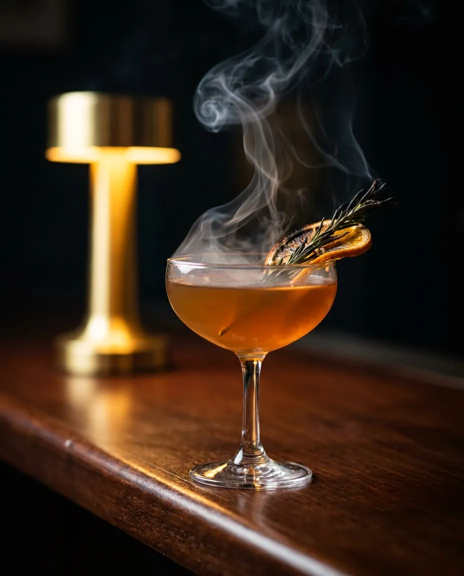 Coctel ahumado en copa coupe con romero quemado y rueda de citrico deshidratado