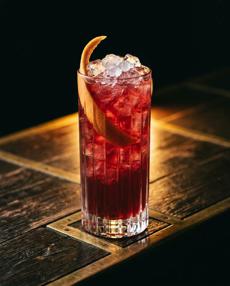 Highball rojo rubi en vaso alto con hielo picado y twist de pomelo