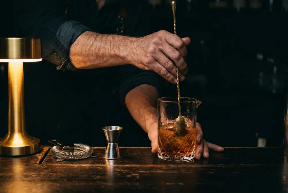Manos de bartender revolviendo un coctel en vaso mezclador con cuchara de bronce sobre la barra oscura