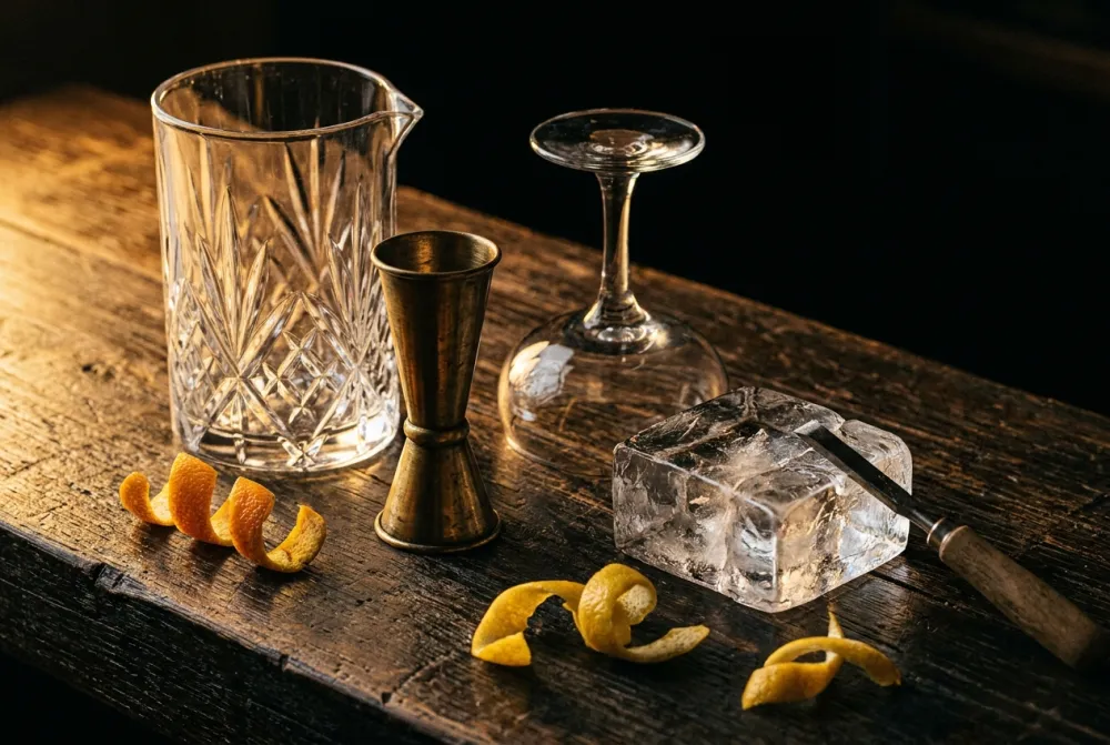 Bodegon sobre la barra: vaso mezclador de cristal, jigger de bronce y bloque de hielo con cincel